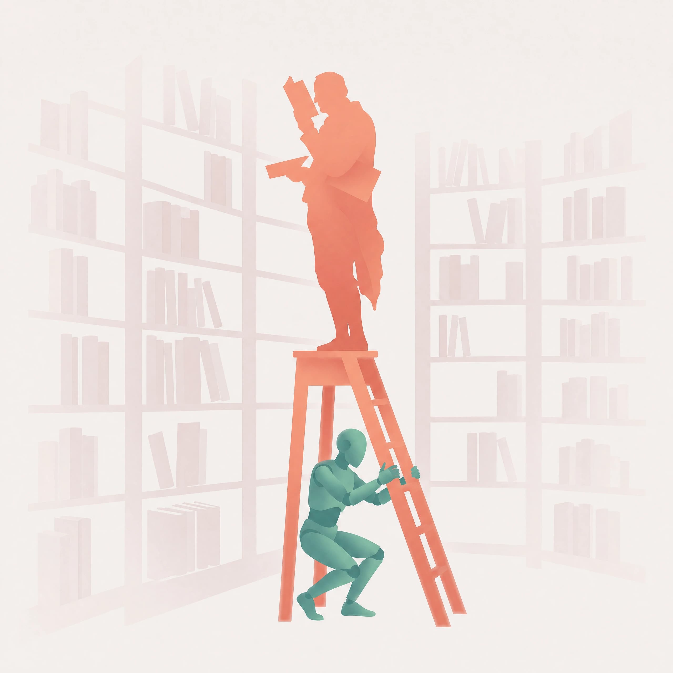 A person reads atop a ladder held steady by a robot